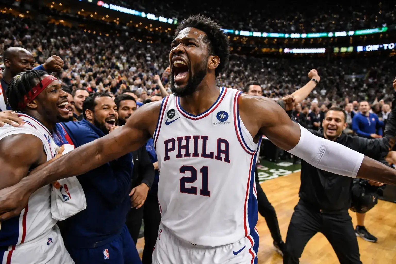 Joel Embiid of the Philadelphia 76ers celebrates during a playoff game against the Boston Celtics