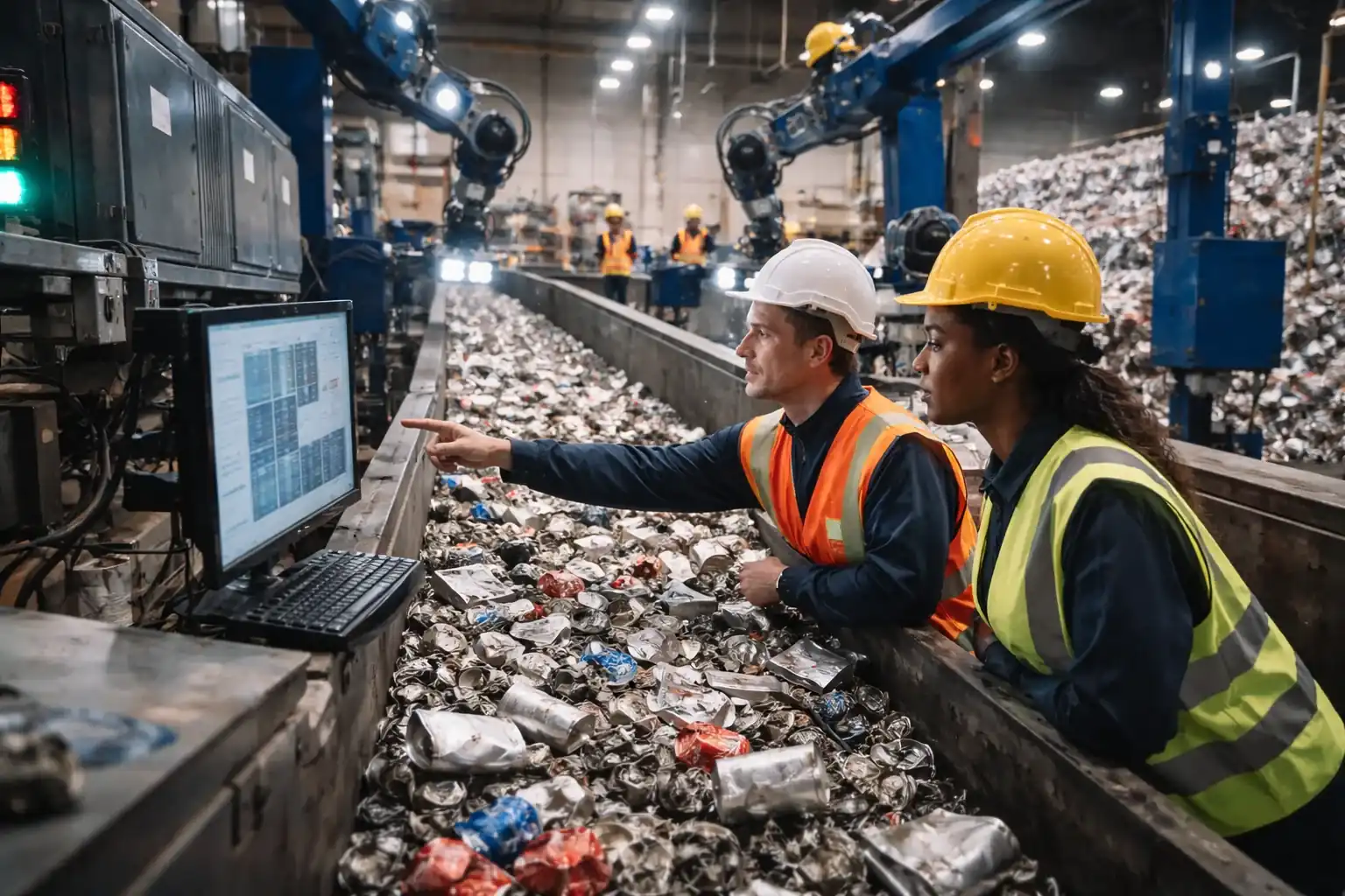Close-up of aluminum scrap metal being processed on an automated conveyor system.