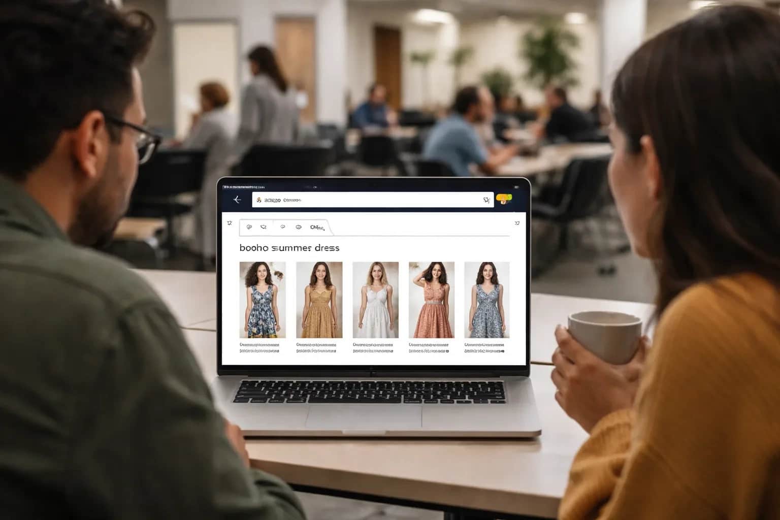 A mockup of the Amazon shopping app showing AI-generated product images below the search bar.