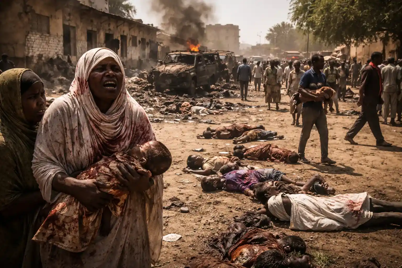 Debris and damage in el-Fasher following the siege by the RSF in Sudan's Darfur region.