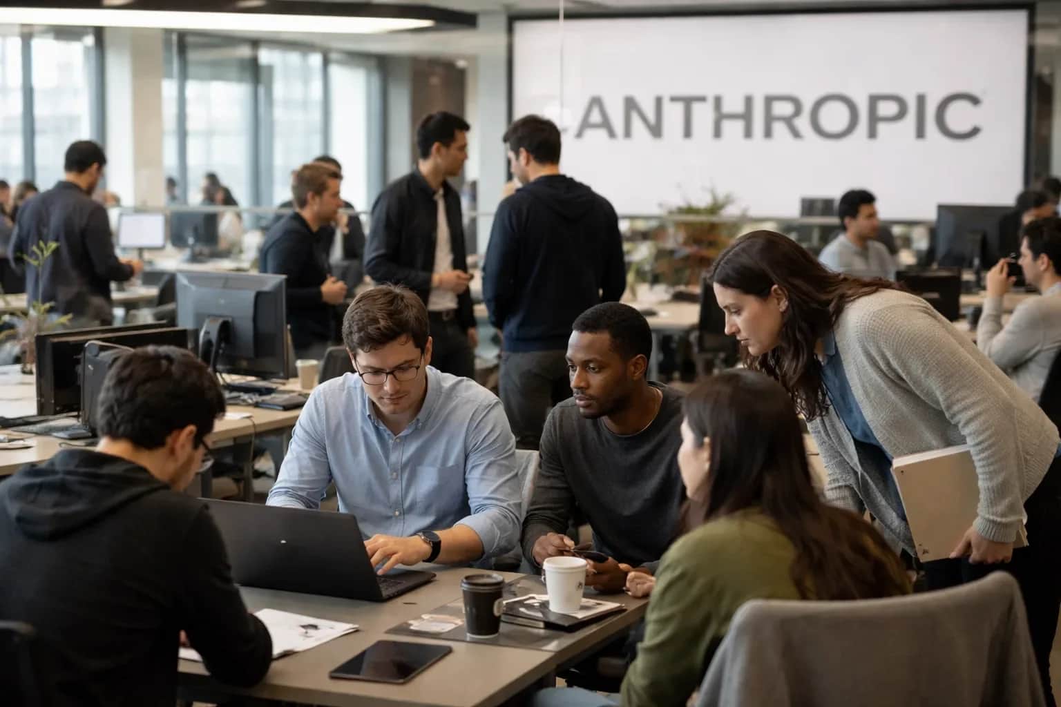 Anthropic office signage and Bloomberg terminal data visualization