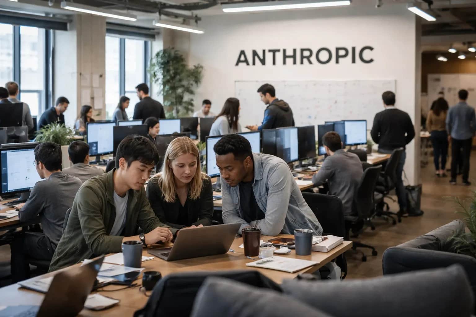 The Anthropic logo and Claude branding displayed on digital screens in a corporate setting.