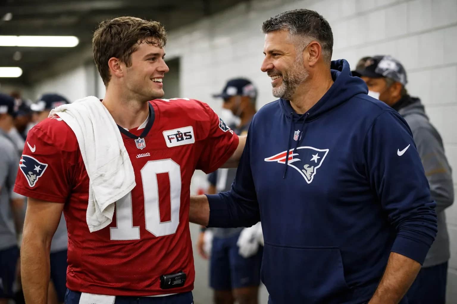 New England Patriots quarterback Drake Maye and head coach Mike Vrabel