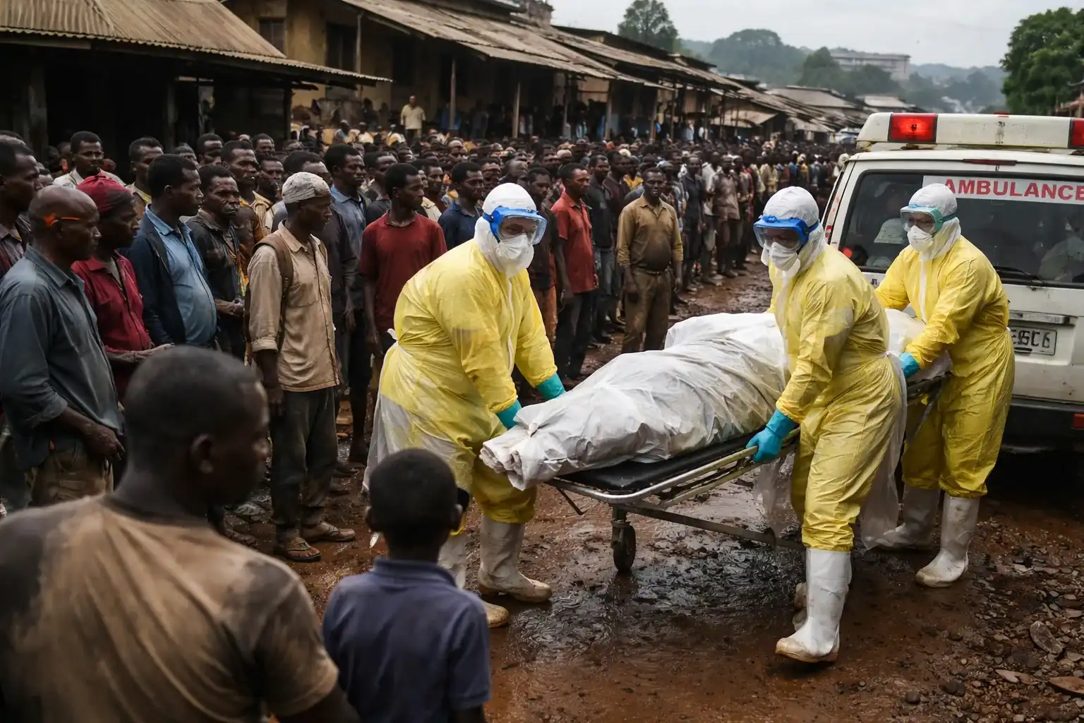 Medical workers in protective gear during an Ebola outbreak in the Democratic Republic of Congo.
