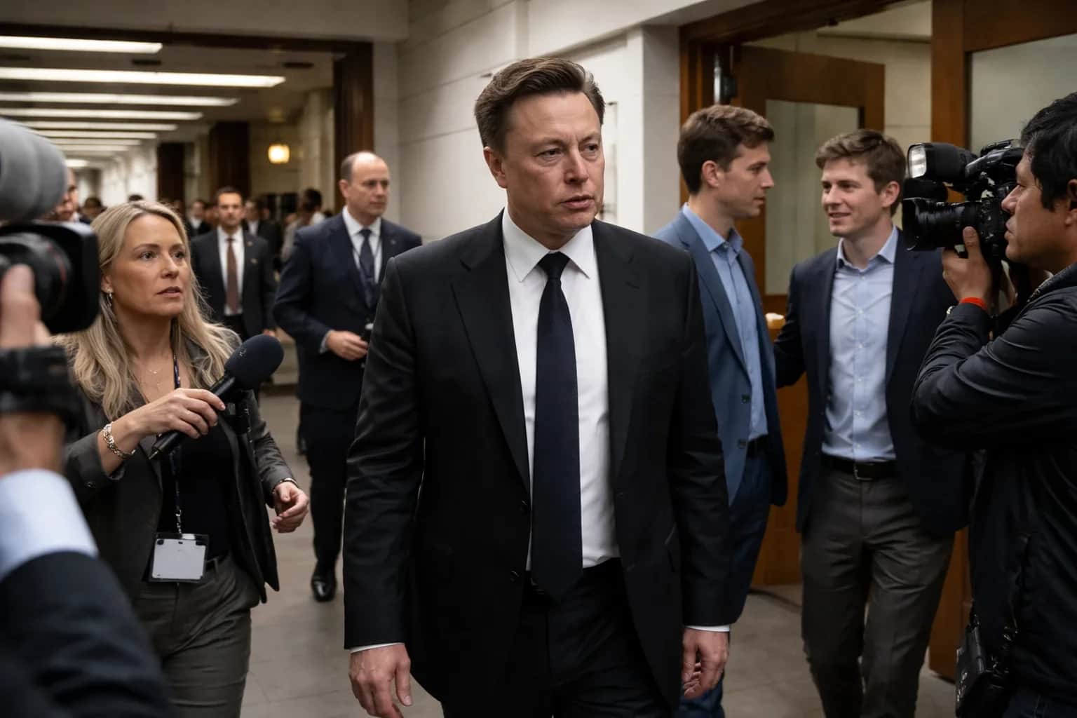 Elon Musk stands before a crowd at a business conference.