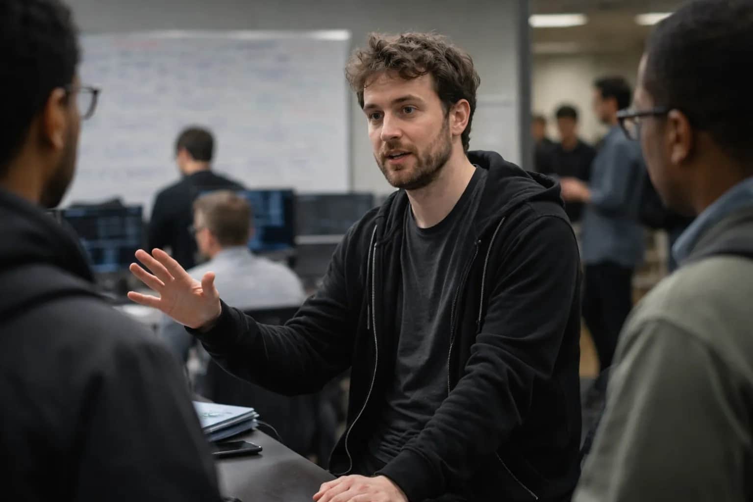 A portrait of George Hotz against a tech-themed background.