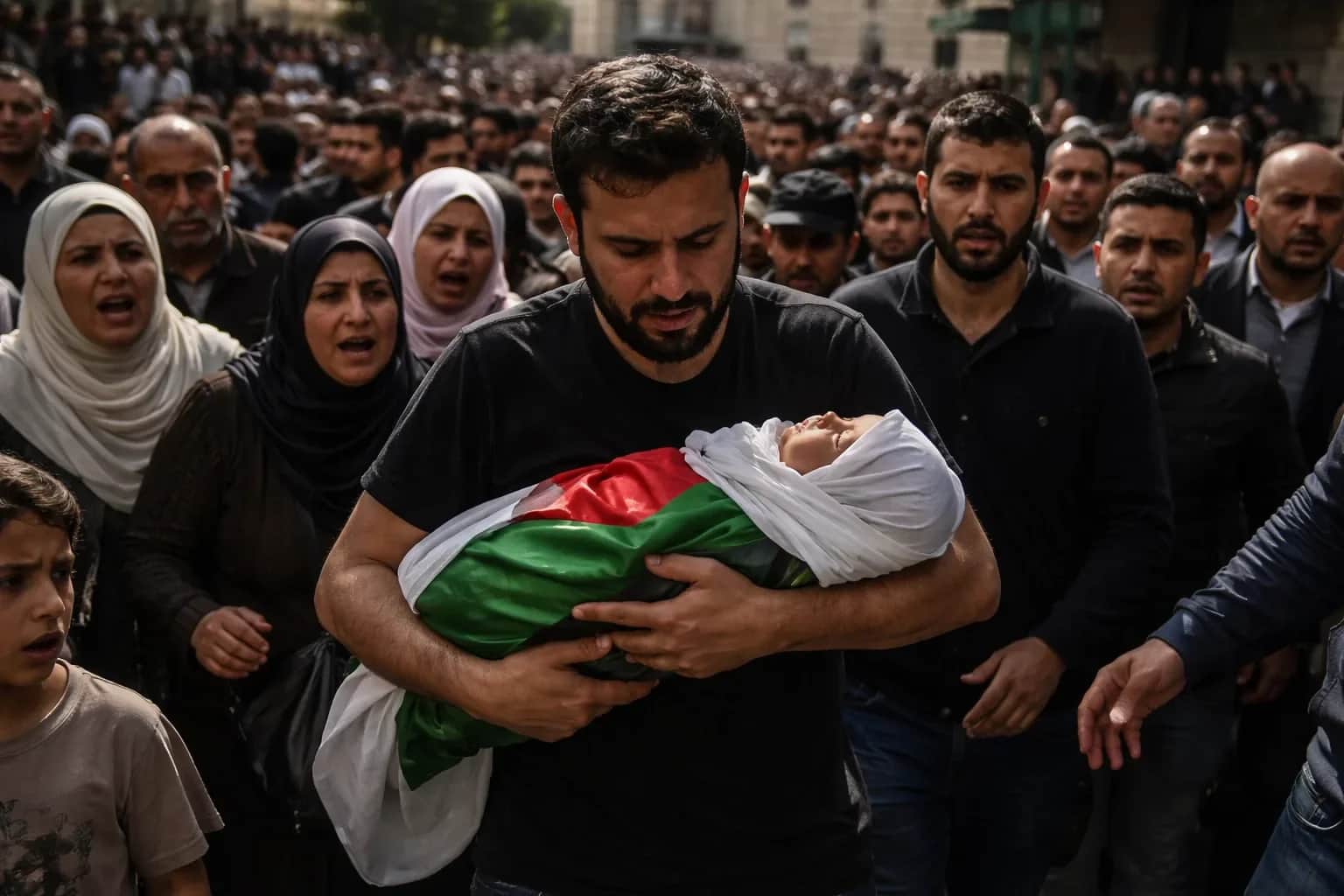 Palestinian mourners carrying the body of a baby wrapped in a flag through Hebron