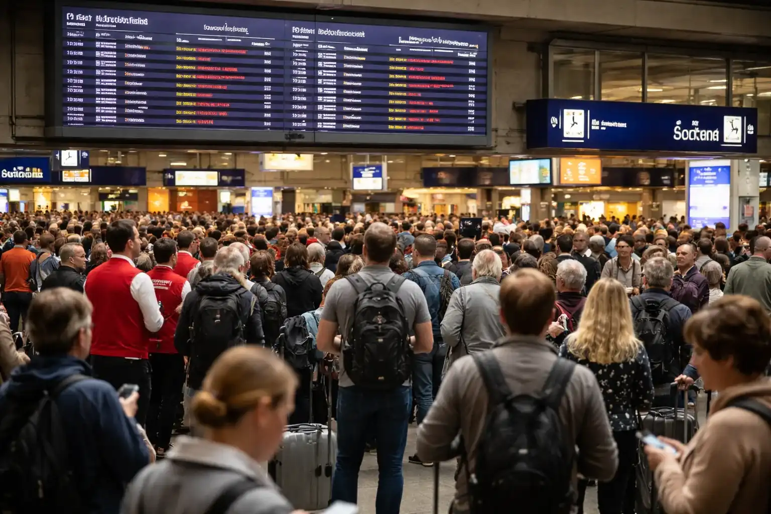 A Deutsche Bahn train at a standstill at a platform with passengers waiting during a nationwide IT outage in Germany