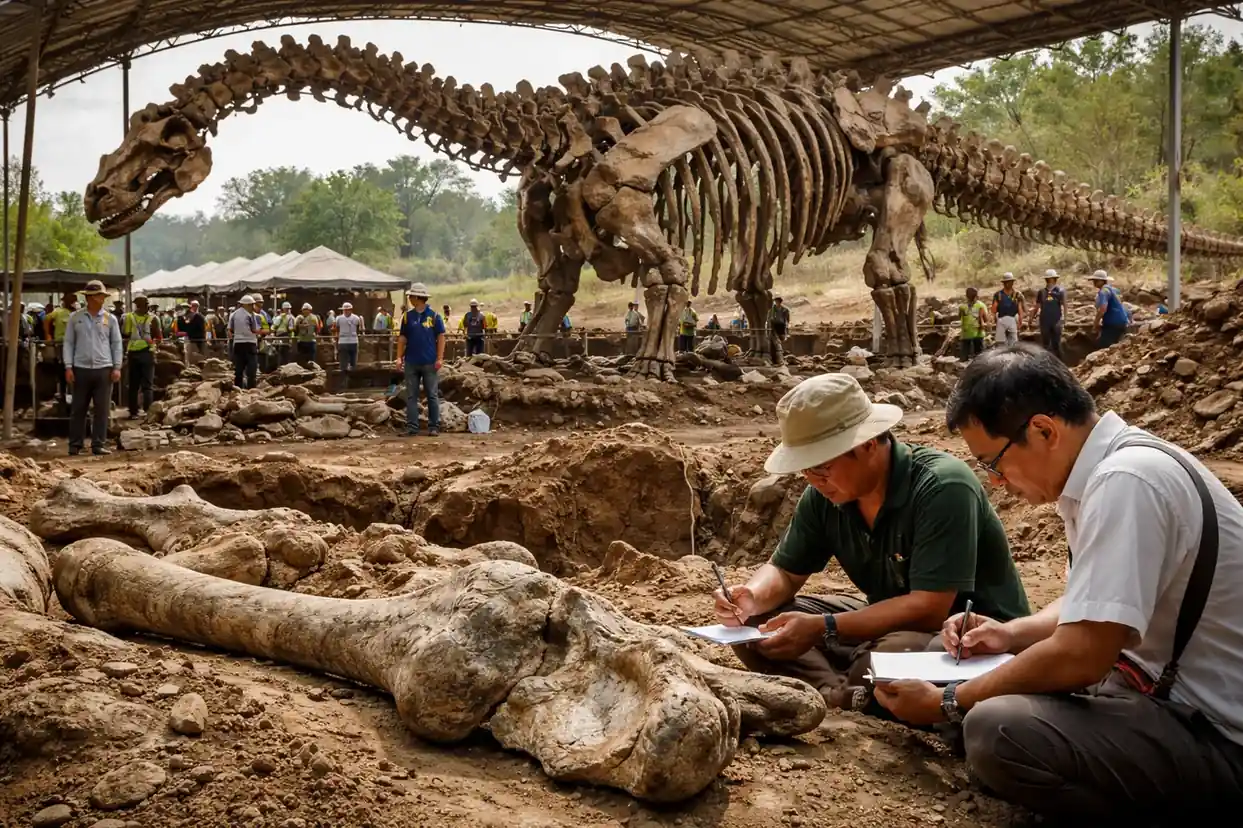 Researcher Thitiwoot Sethapanichsakul posing with a front leg bone of the nagatitan