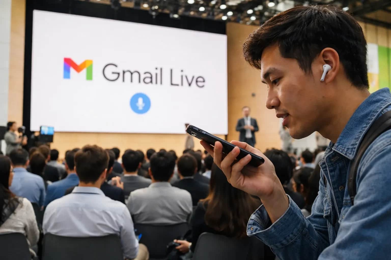 Demonstration of Gmail Live conversational AI search interface shown at Google IO 2026