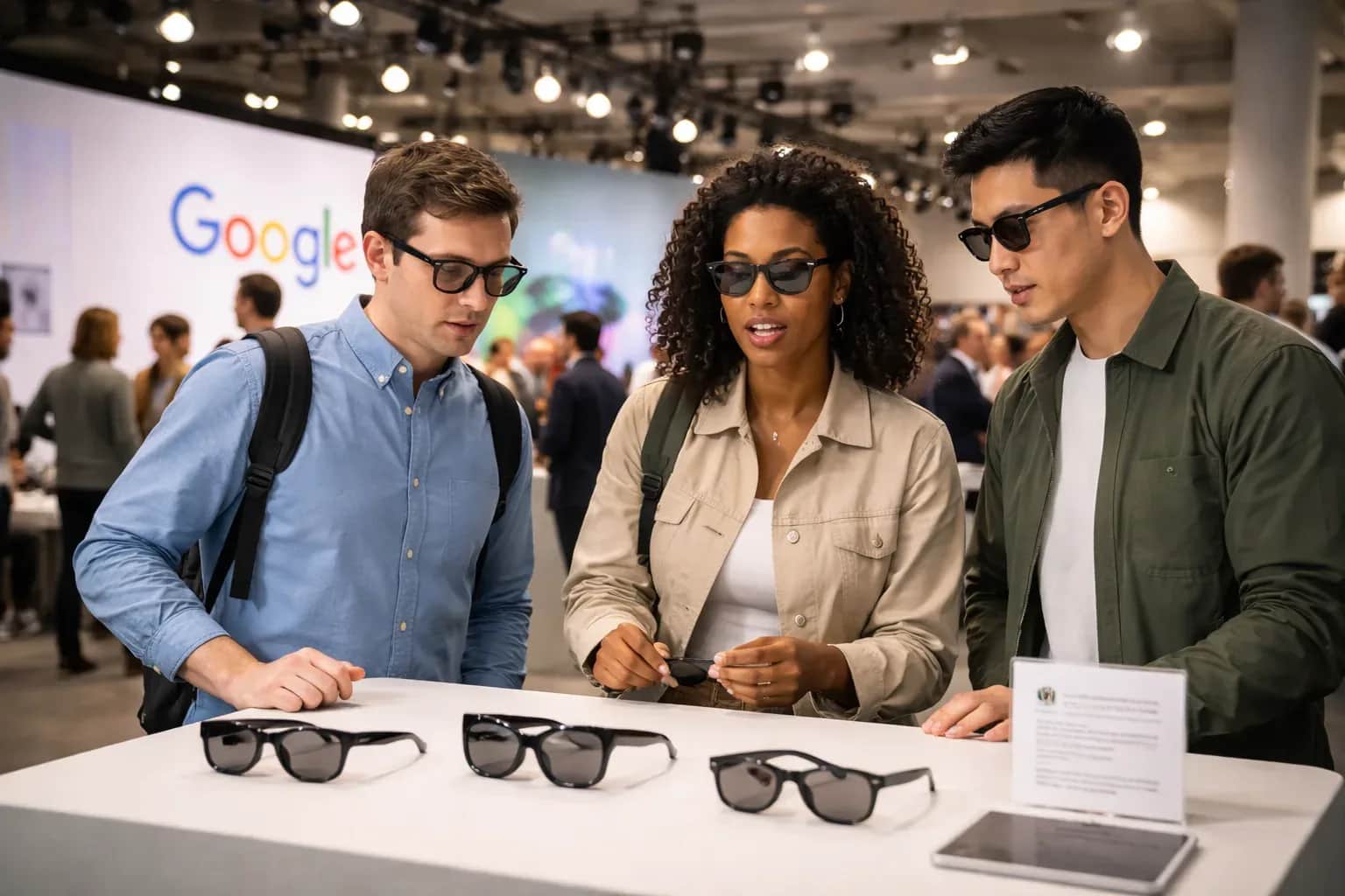 A close-up of stylish smart glasses presented at Google I/O 2026