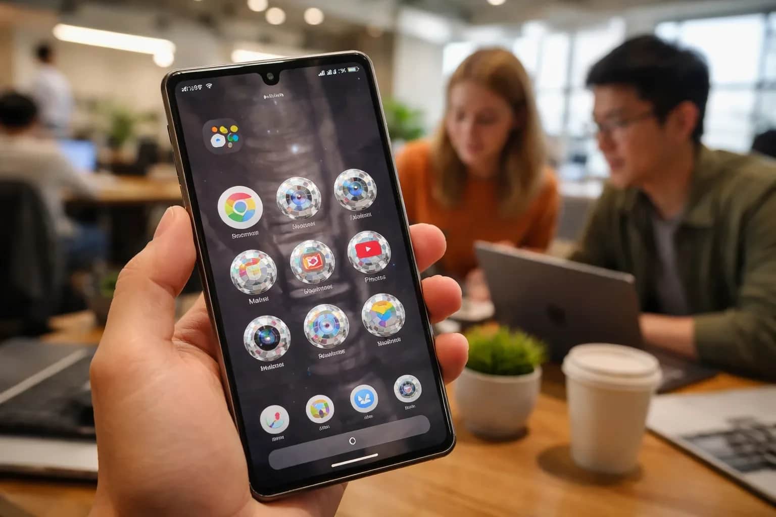 A screenshot of a Google Pixel home screen displaying apps with disco-ball themed icons.