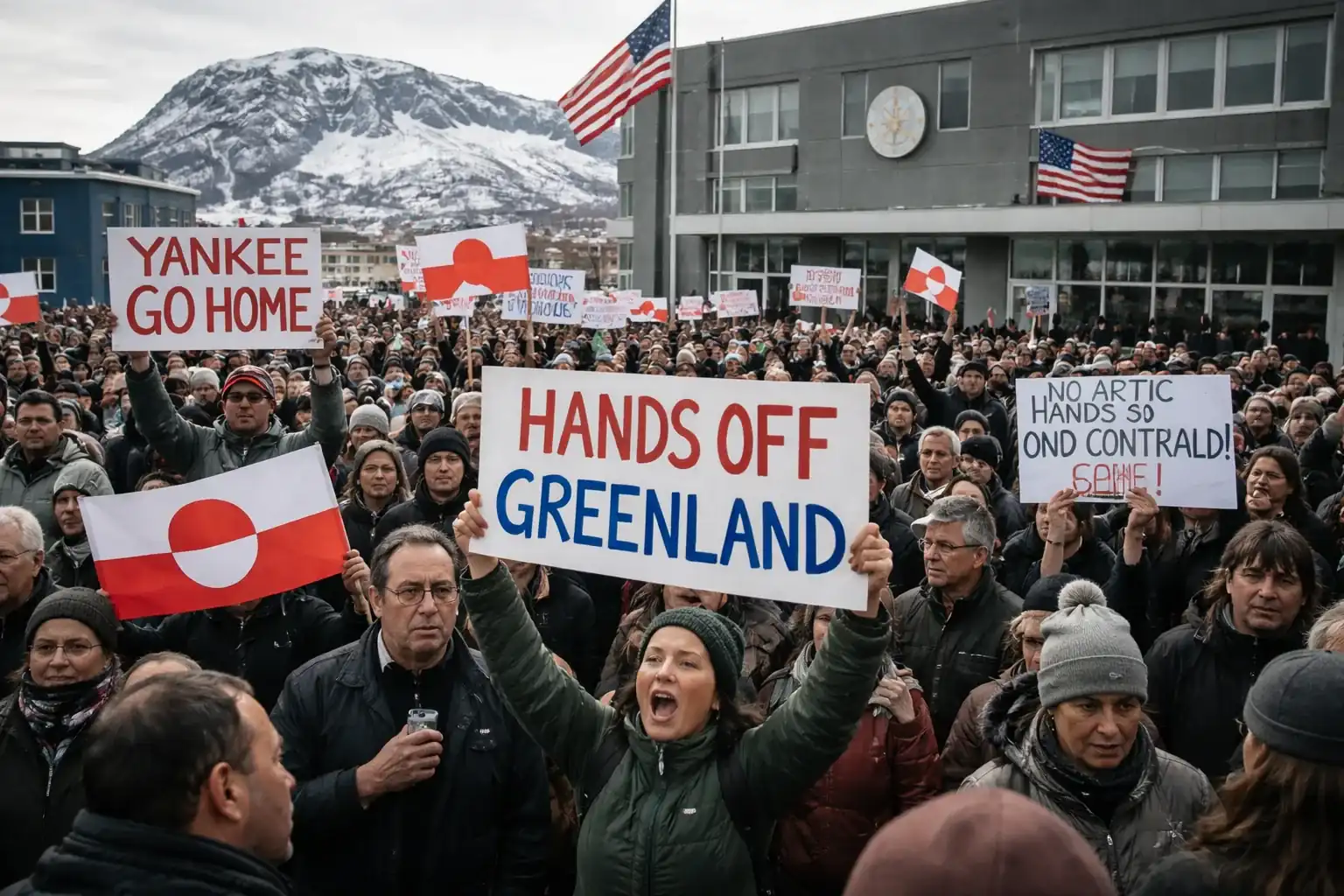 Protesters standing with their backs to the new American consulate in Nuuk, Greenland