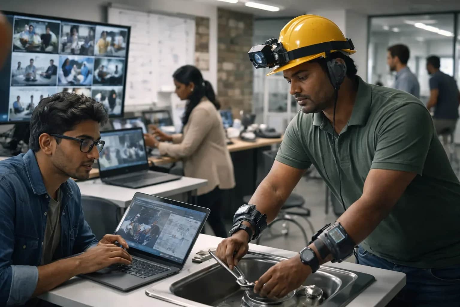 Indian service workers wearing camera-equipped headsets for data collection