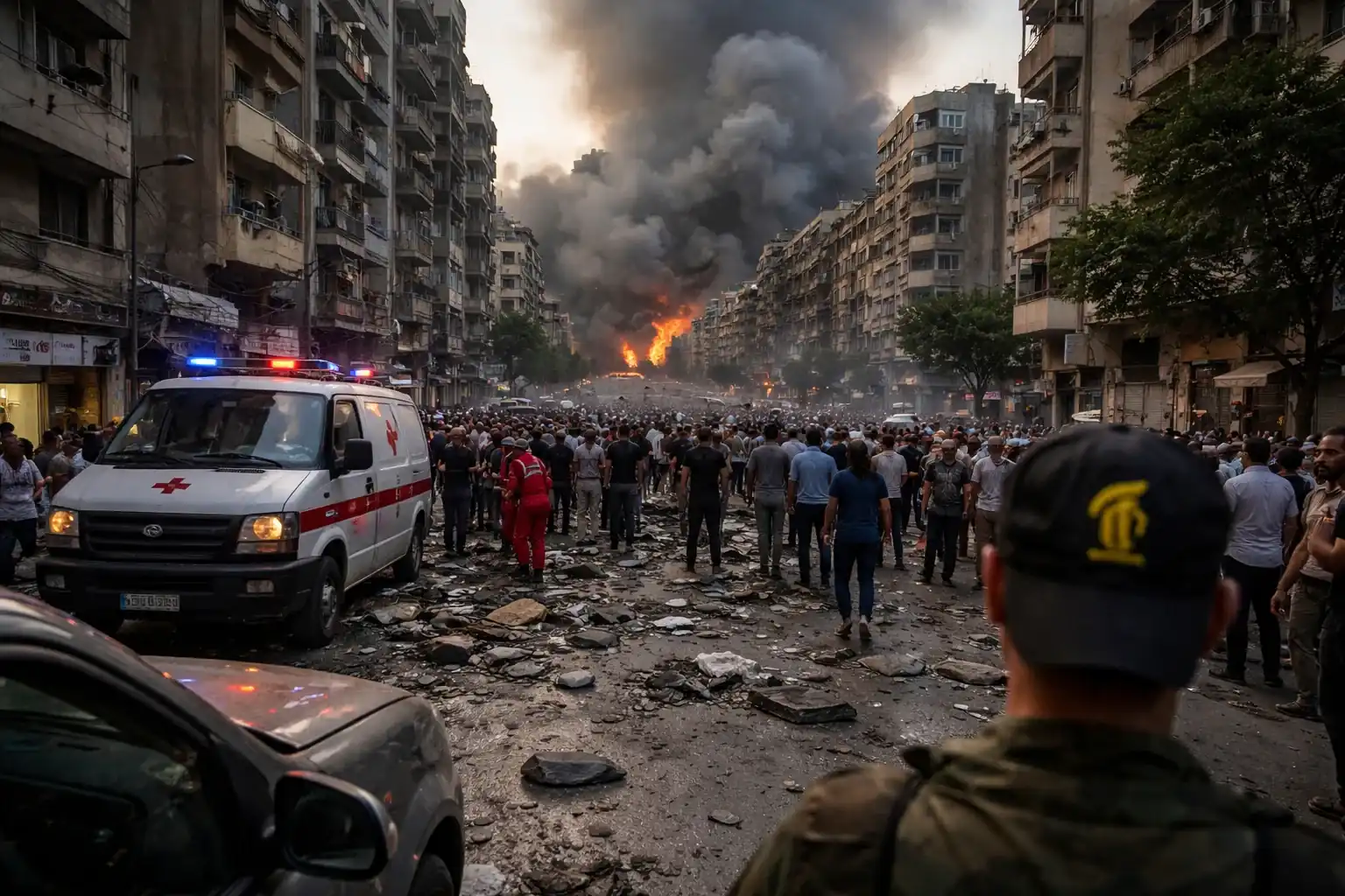 Smoke rising over Beirut's southern suburbs following Israeli airstrikes.