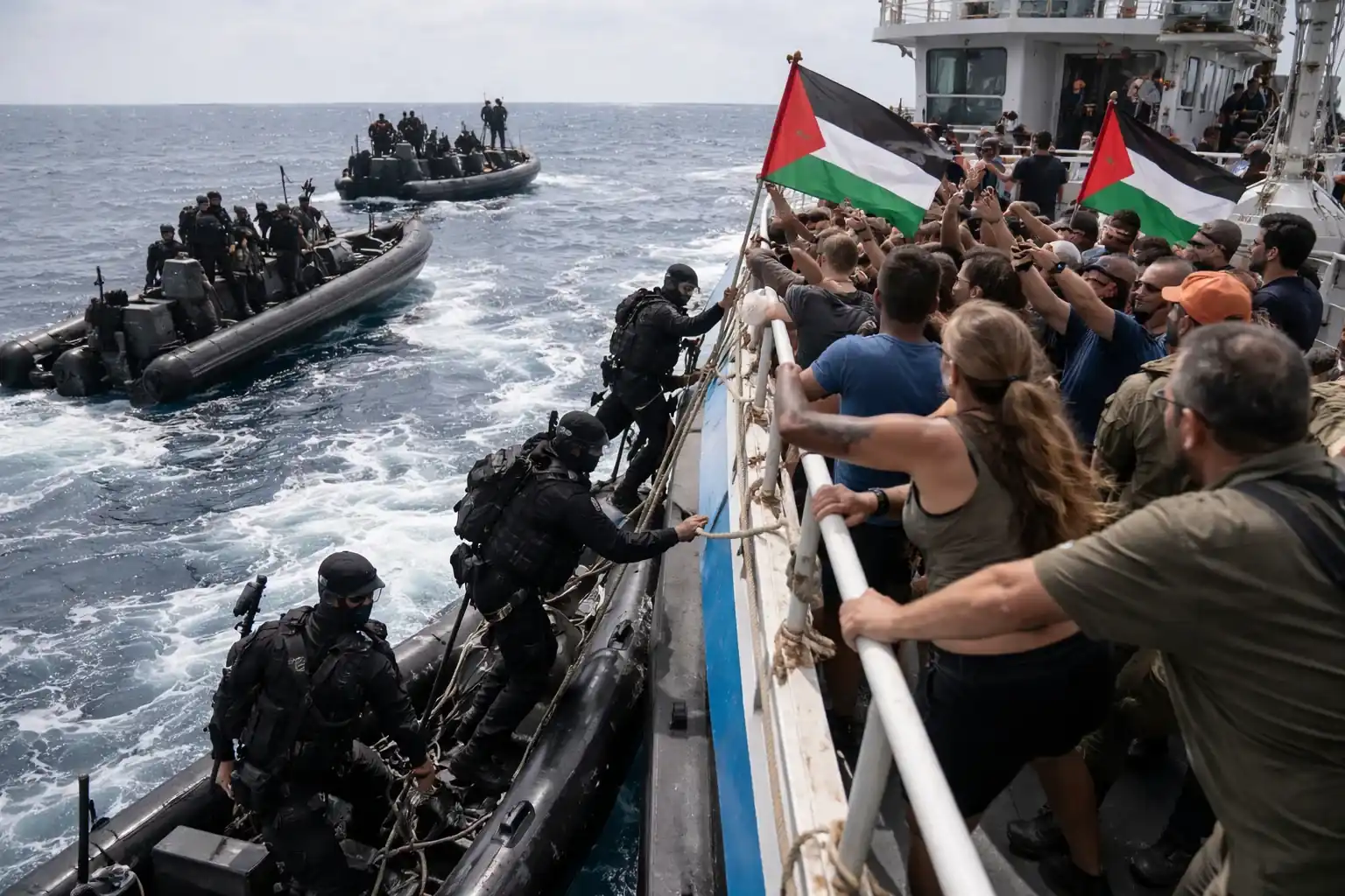 Armed commandos approaching a sailboat in the Mediterranean Sea during the interception of the Global Sumud Flotilla