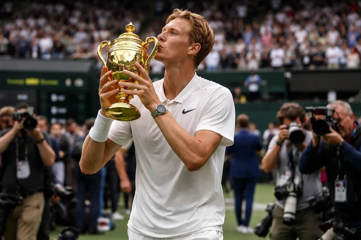 Jannik Sinner lifting the Wimbledon trophy after defeating Alexander Zverev