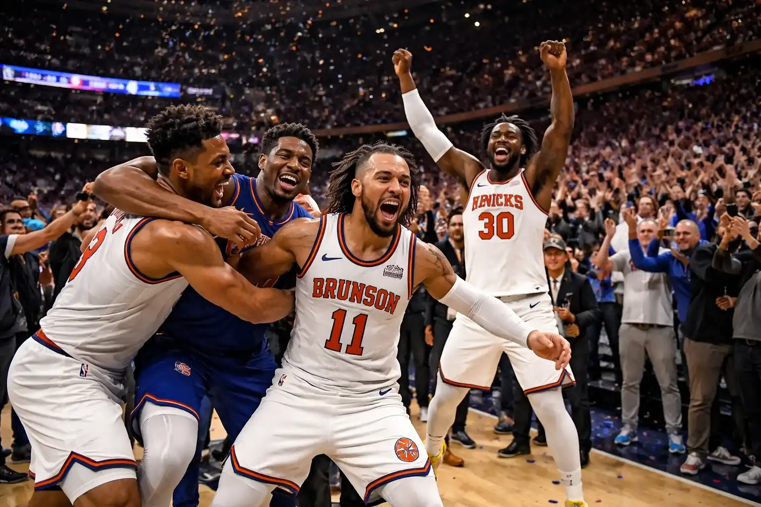 New York Knicks players celebrate on the court after clinching the Eastern Conference championship.