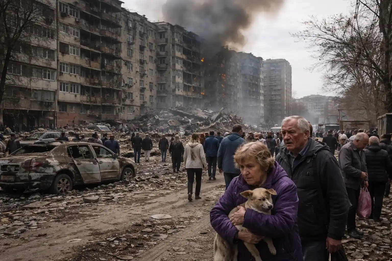Rescuers and residents clearing debris from a damaged apartment building in Kyiv.