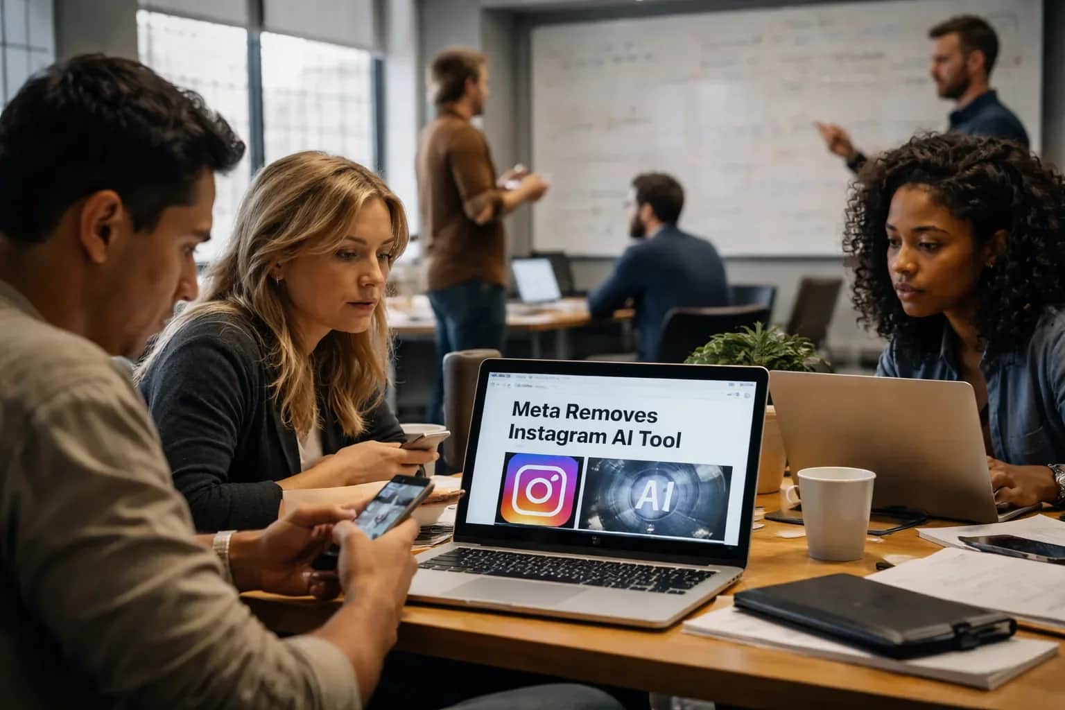 Meta headquarters and Instagram branding displayed on a mobile device.
