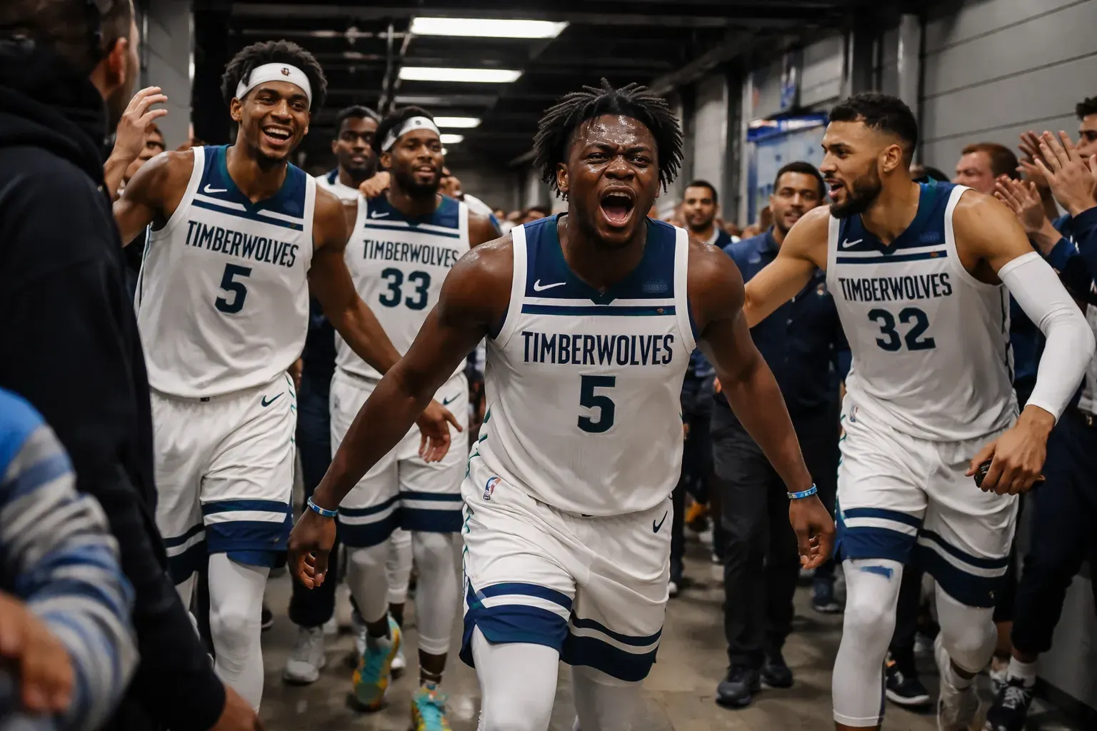 Anthony Edwards celebrating on court after the Timberwolves clinched their first-round series win.