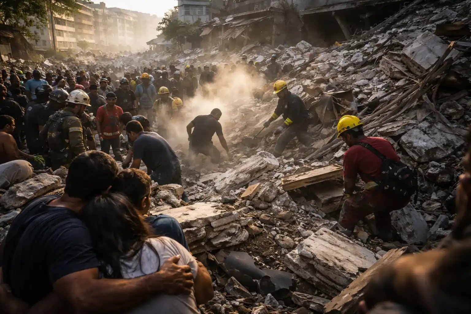 People and rescue workers searching through the rubble of a collapsed building in the coastal state of La Guaira, Venezuela.