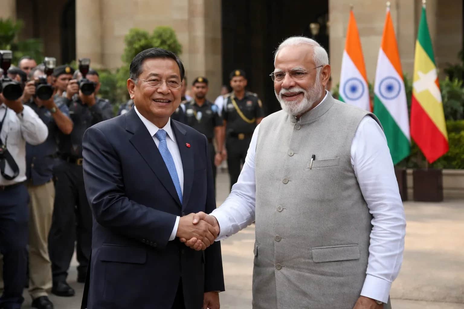 Prime Minister Narendra Modi and Myanmar President Min Aung Hlaing meeting in Delhi for official talks.