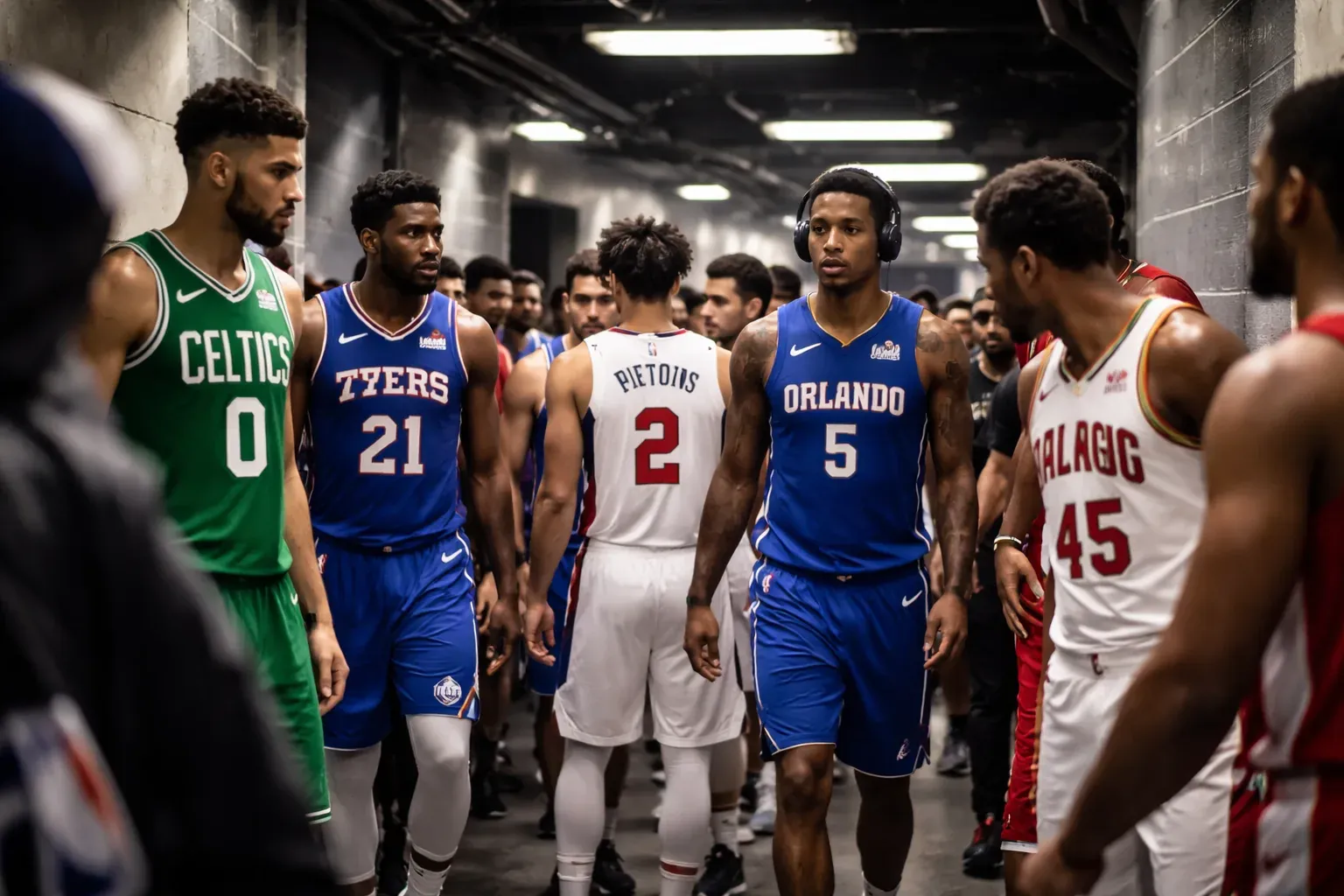 An NBA basketball resting on a hardwood court during the 2026 playoffs.