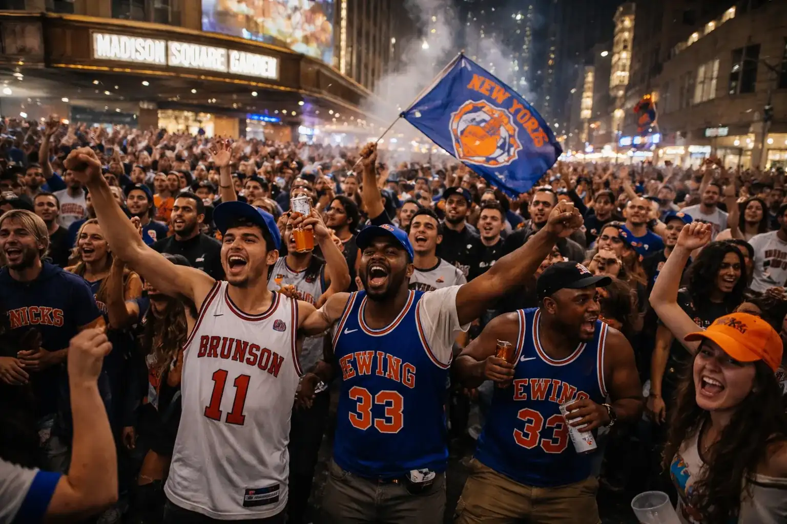New York Knicks fans celebrating in the streets of New York City