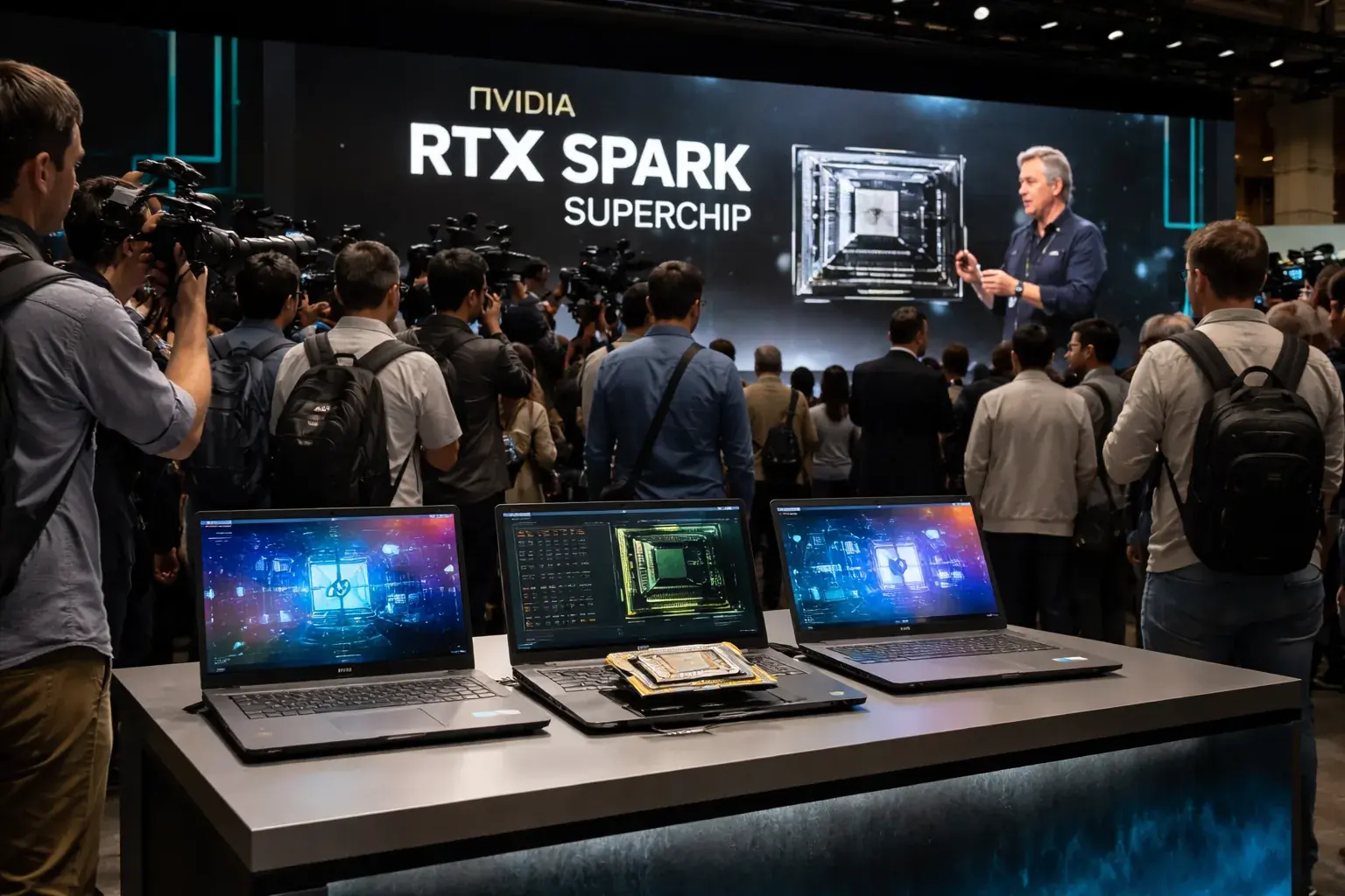 Nvidia CEO Jensen Huang presenting the RTX Spark superchip for AI PCs