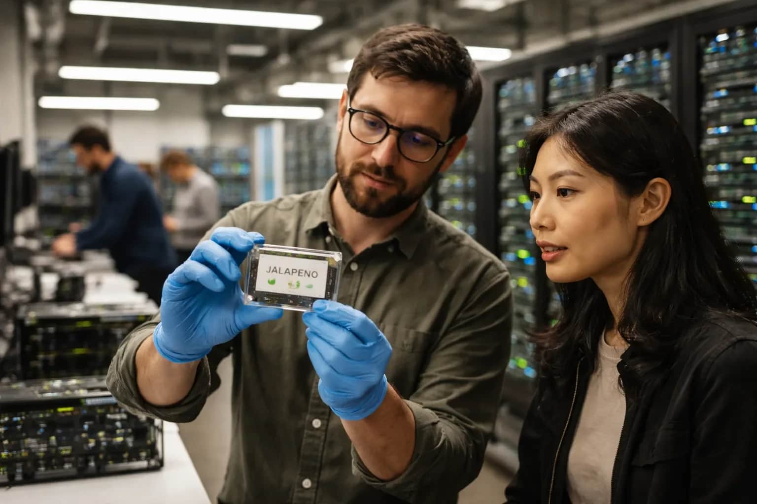 A close-up illustration of a custom semiconductor chip representing OpenAI's Jalapeño processor.