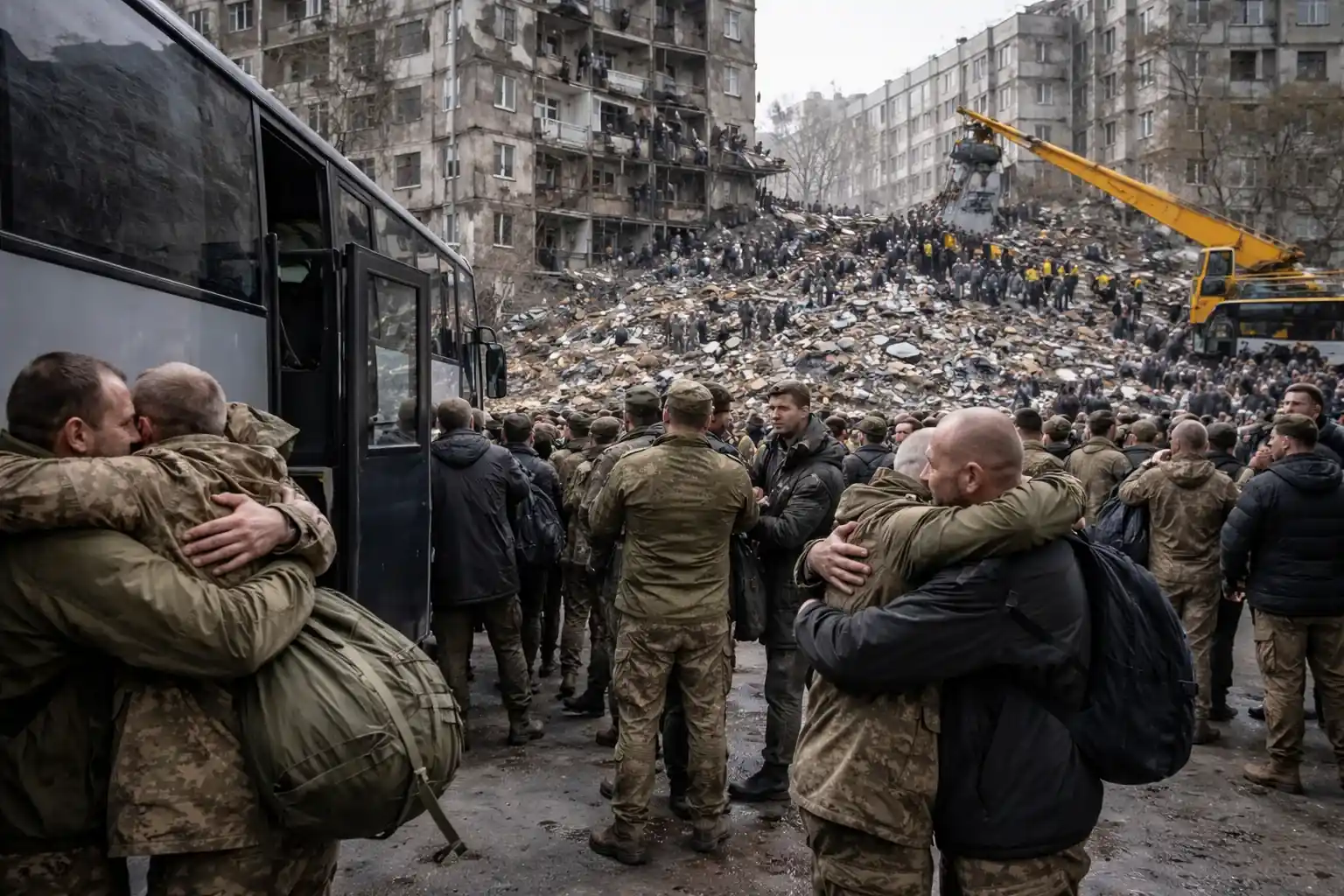 President Zelensky laying flowers at the site of a destroyed apartment block in Kyiv.