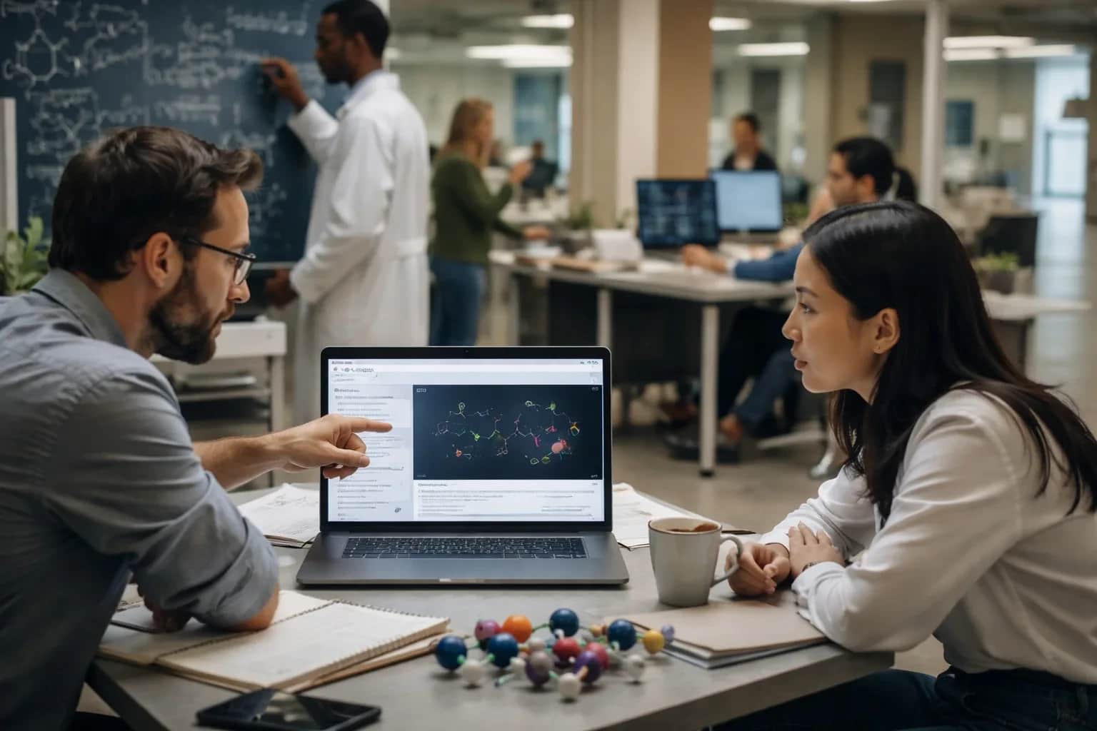 A visual representation of molecular simulation and digital drug discovery tools being used on a computer interface.