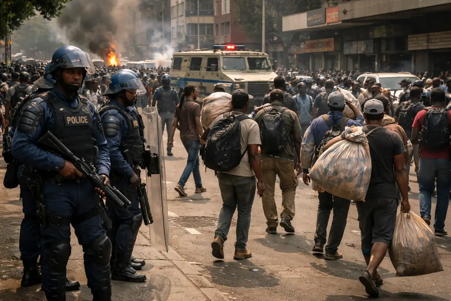South African police officers stand guard near a transit camp for migrants in Durban as repatriation efforts continue.