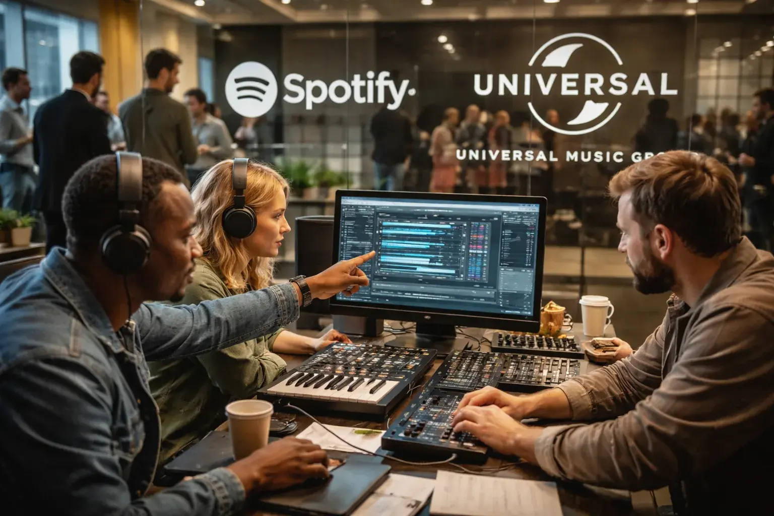 A Spotify app interface on a mobile device highlighting digital music services.