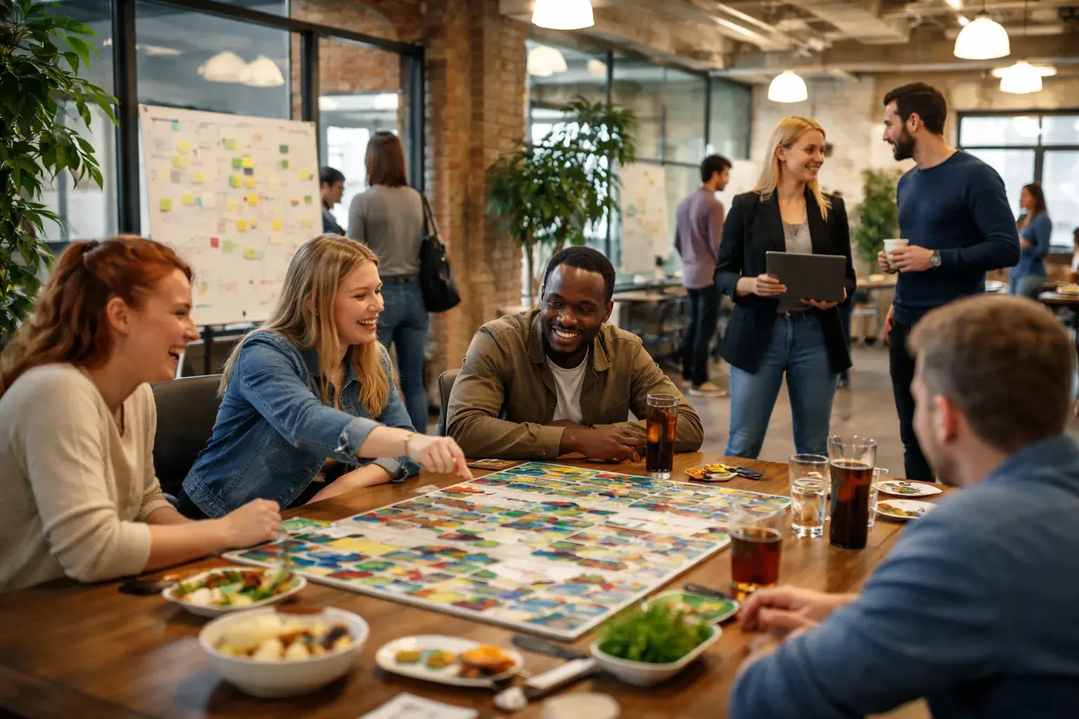 A representation of people interacting in a social setting through technology designed for in-person experiences.