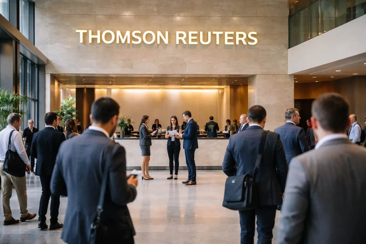 Thomson Reuters logo on a digital screen displaying financial growth charts.