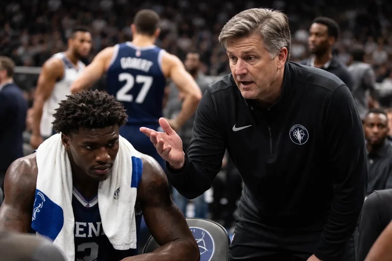 Minnesota Timberwolves coach Chris Finch looking frustrated on the sidelines during a game.