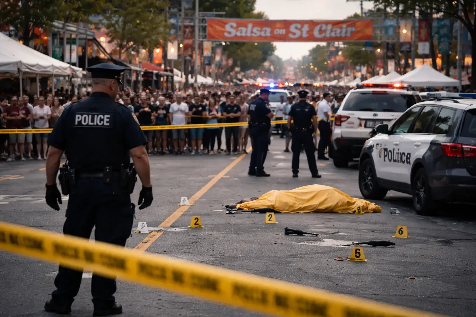 Police and emergency vehicles stationed along St Clair Avenue in Toronto following a fatal shooting at the Salsa on St Clair festival.