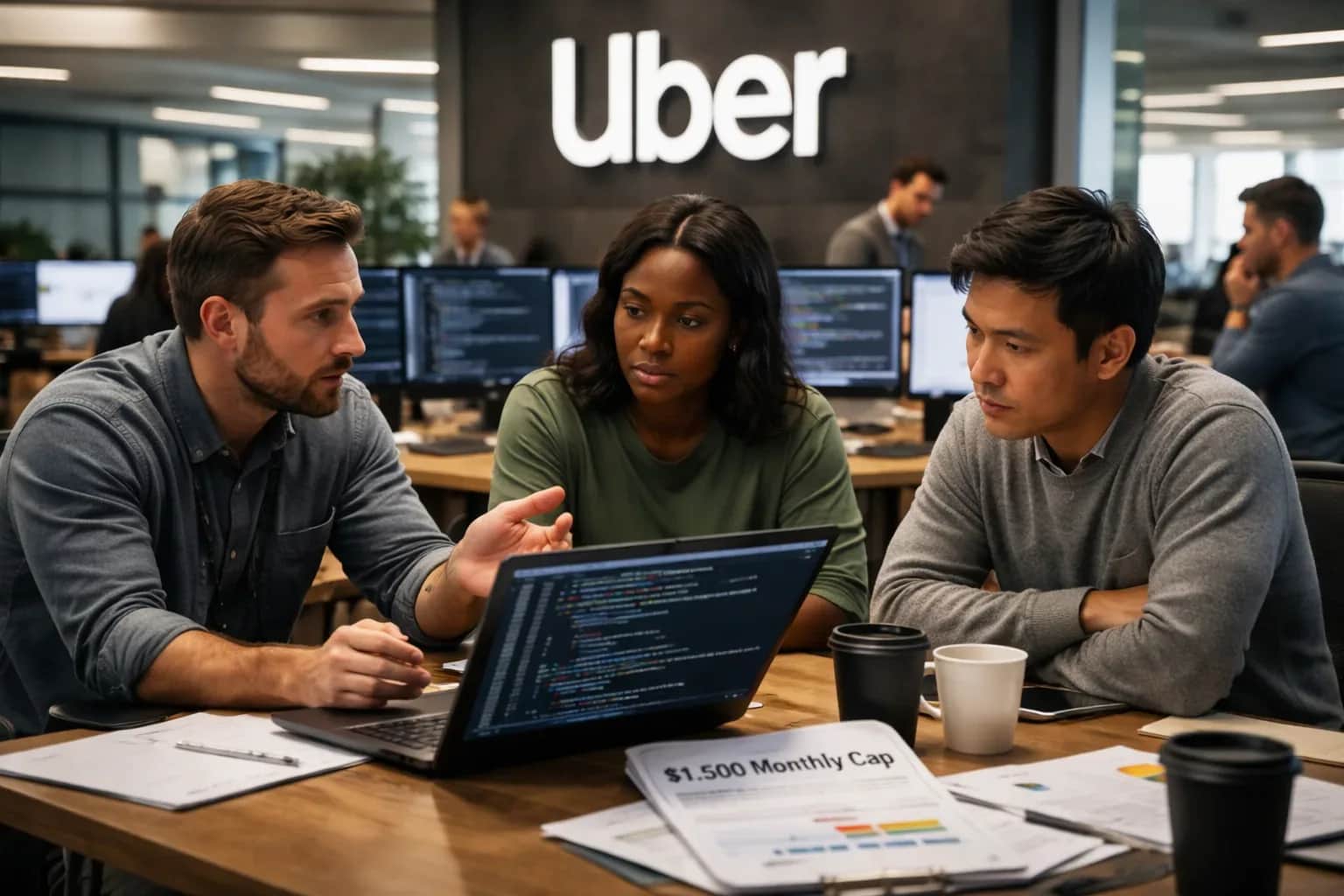 A visual representation of an Uber employee interface with a budget cap alert.
