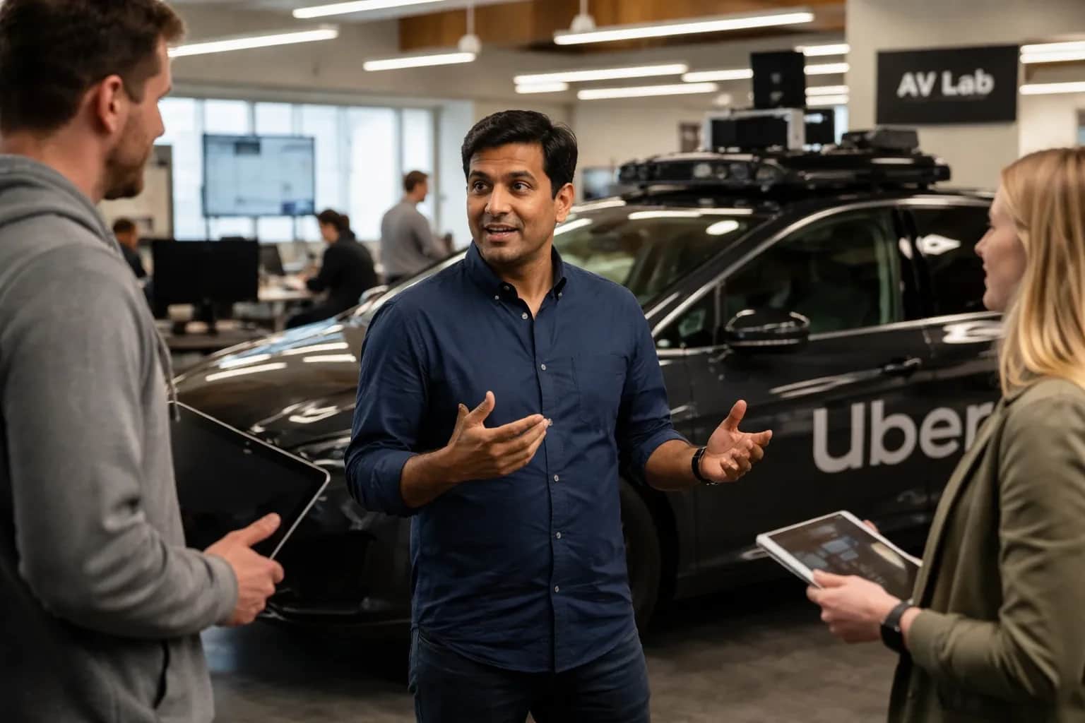 A fleet of Uber vehicles including a representation of autonomous sensor-equipped cars used by AV Labs.