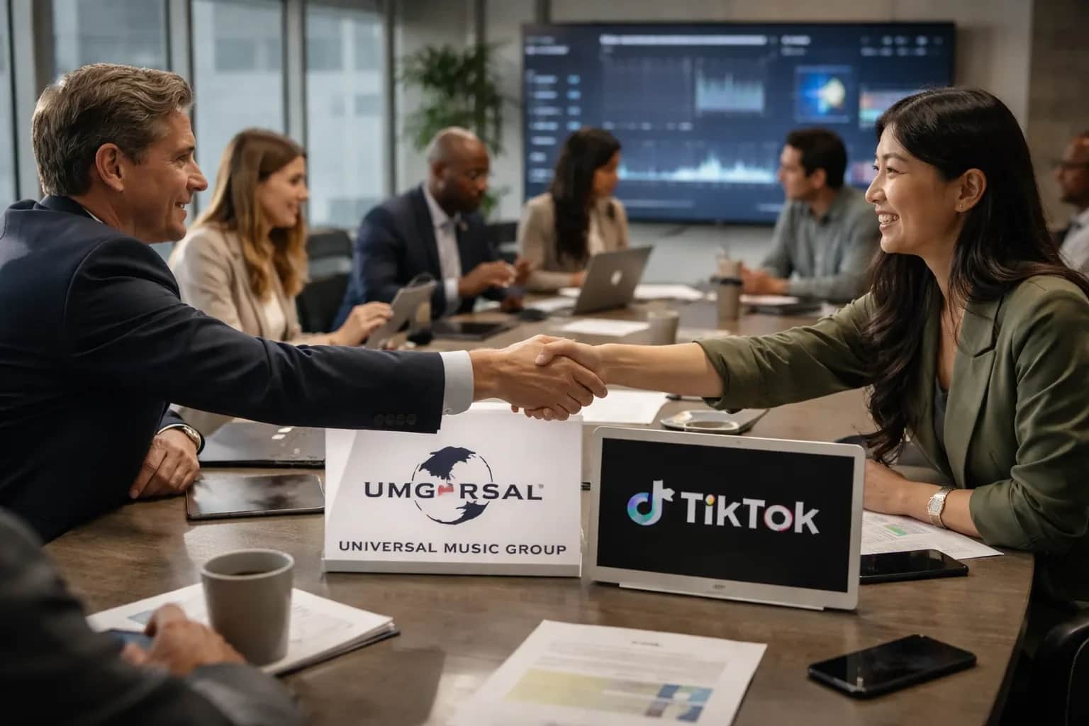 The logos of Universal Music Group and TikTok symbolize a new licensing agreement focused on AI protection.