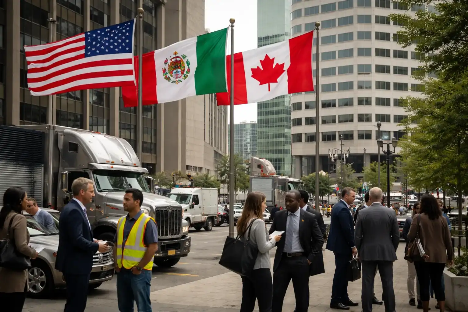 Flags of the United States, Mexico, and Canada representing the USMCA trilateral trade agreement.
