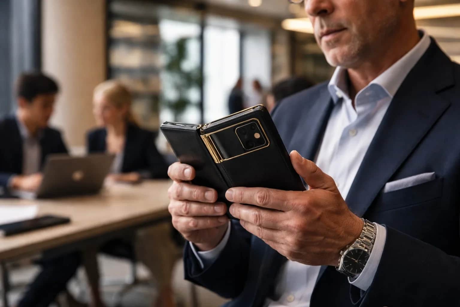 A close-up of the Vertu Alphafold luxury smartphone featuring a genuine calfskin leather back and titanium frame.