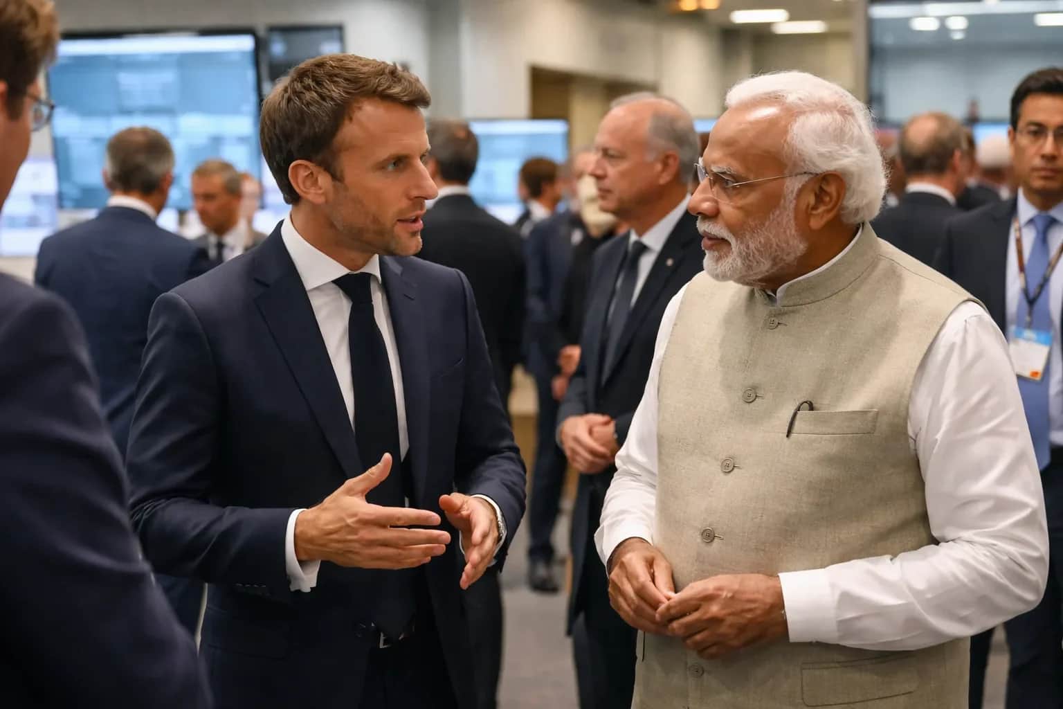 French President Emmanuel Macron and other G7 leaders at a summit meeting discussing AI policy.