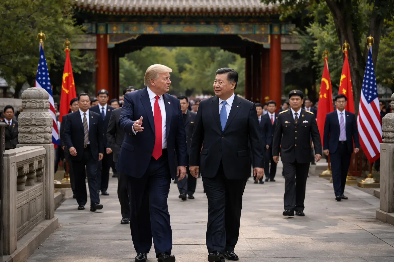 President Trump and President Xi Jinping walking through the lakes and gardens of the Zhongnanhai compound in Beijing.