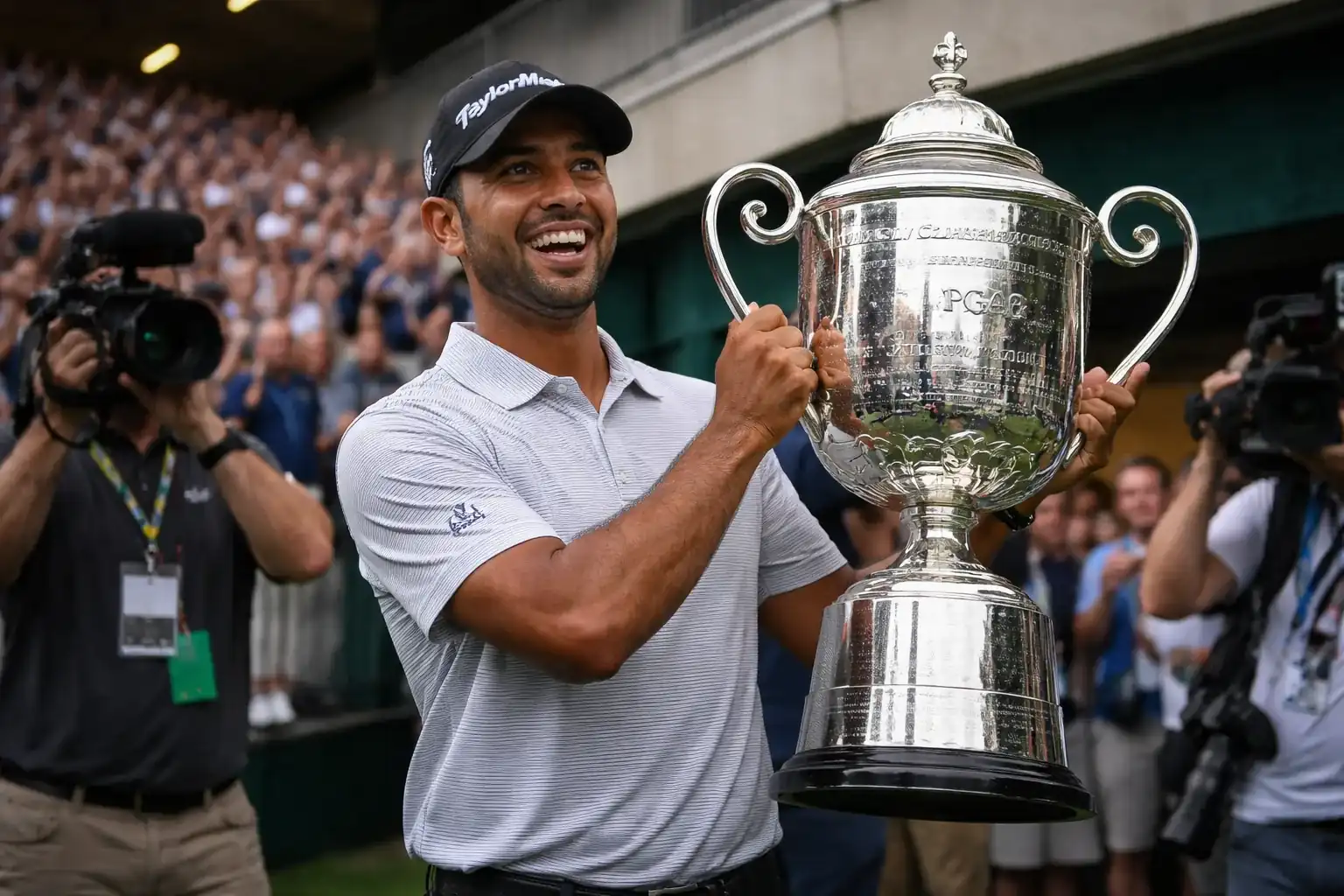 Aaron Rai lifting the Wanamaker Trophy after winning the PGA Championship.