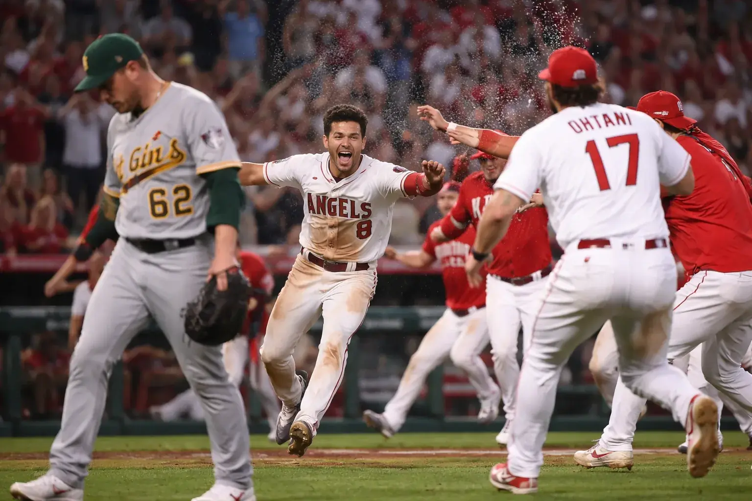 Zach Neto of the Los Angeles Angels celebrates a walk-off home run against the Oakland Athletics.