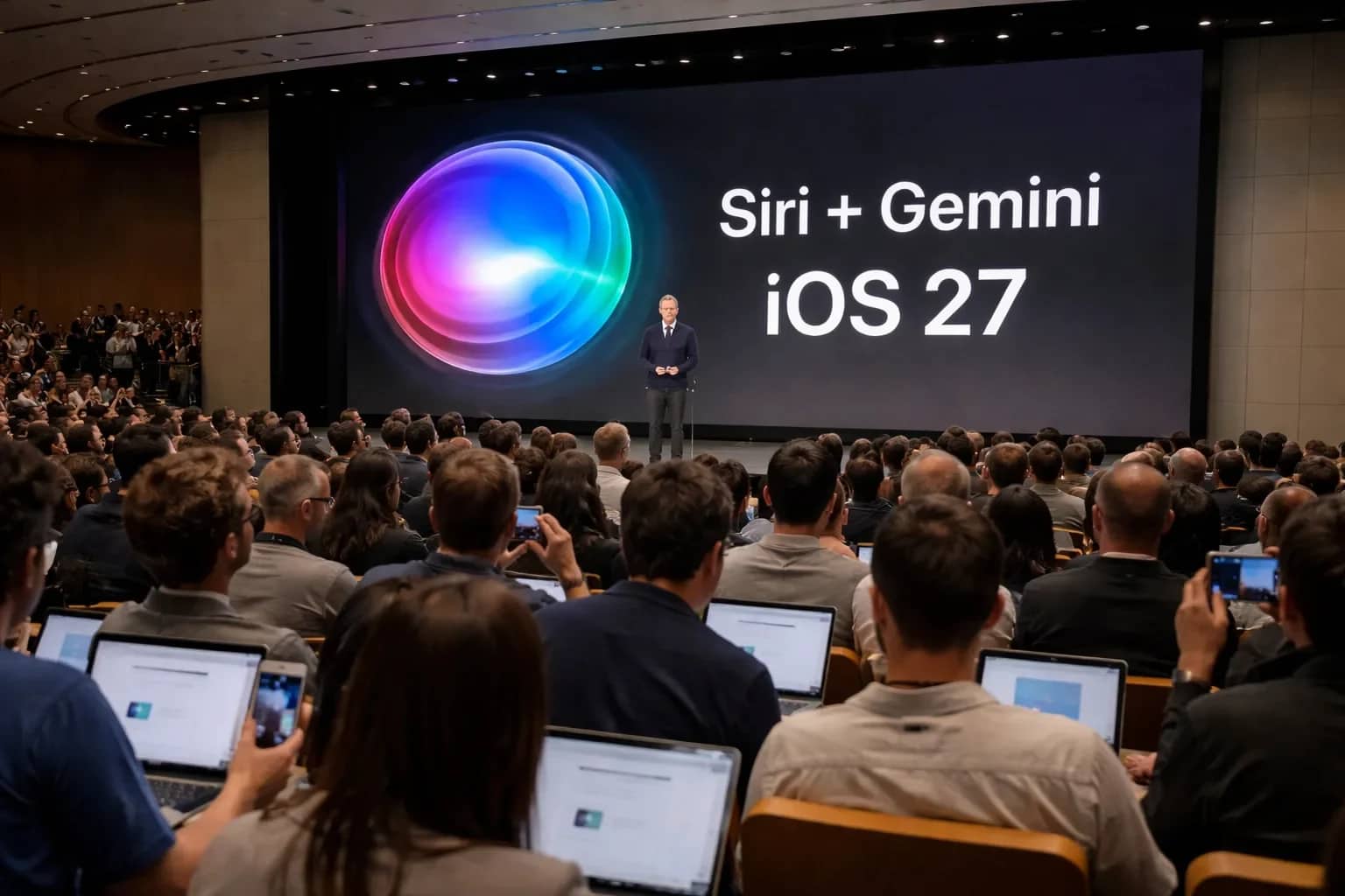 Apple presentation highlighting Siri AI and Apple Intelligence features at WWDC 2026.