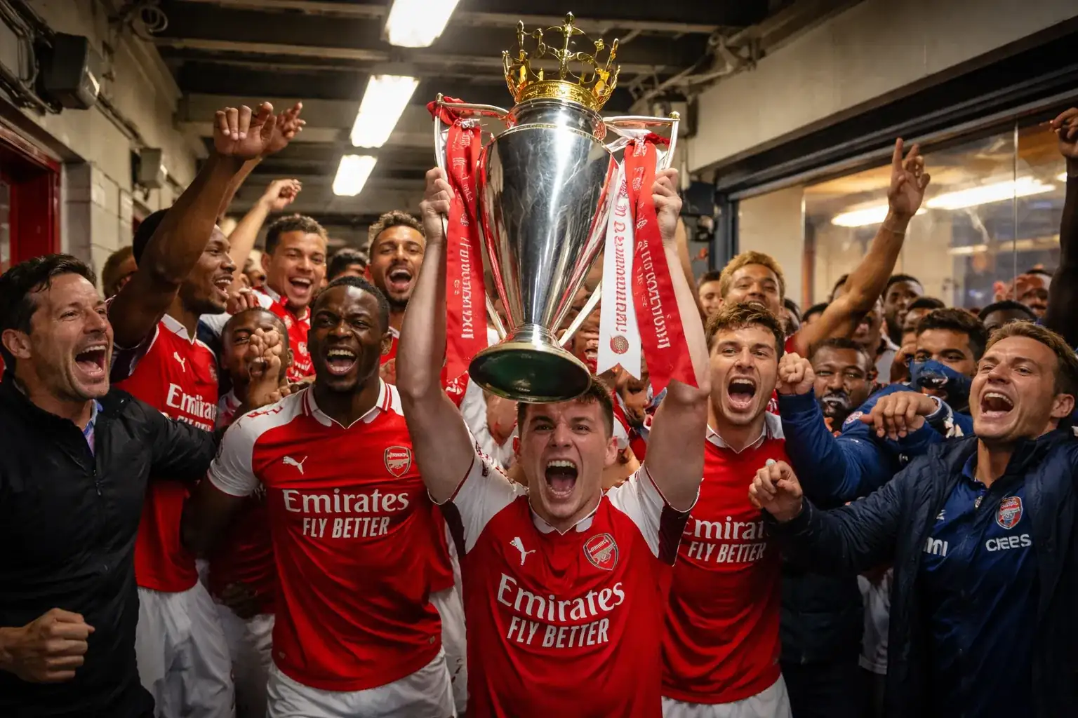 Arsenal fans and players celebrating a Premier League title victory